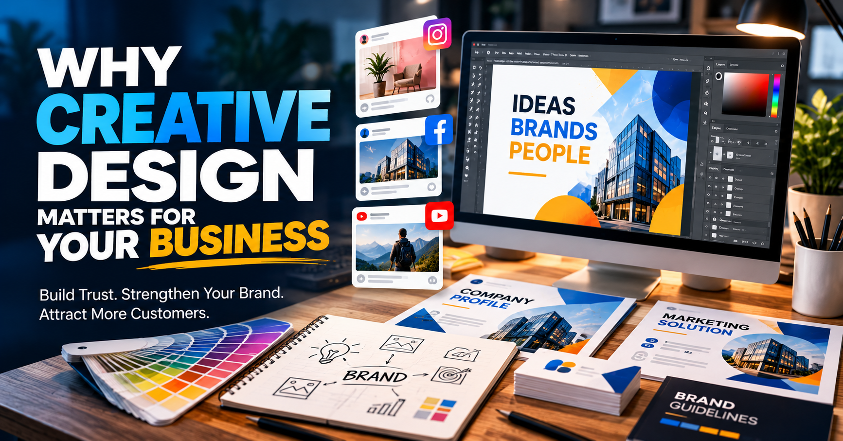rofessional creative design workspace showing branding, social media graphics, marketing materials, colour palettes, and digital design tools for business growth.